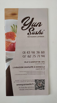 Restaurant de sushis Yun Sushi à Vincennes (le menu)