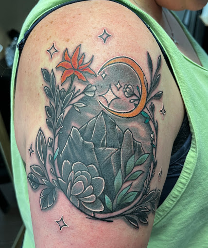 Explore woman shoulder tattoo ideas, creative tattoo ideas in Lake Charles, available at Creative Elements Tattoo Studio