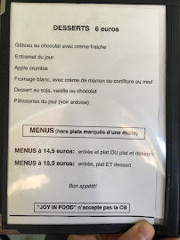 Menu du Joy In Food à Paris