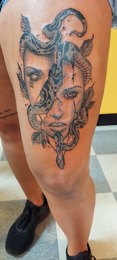 Explore knee ditch tattoo ideas, creative tattoo ideas in Mckinney, available at Lyons Den Tattoo