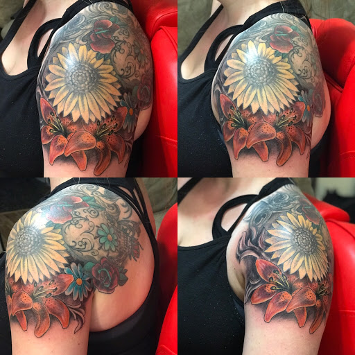 Explore female full sleeve tattoo ideas, creative tattoo ideas in Baytown, available at Big Juniors Tattoos