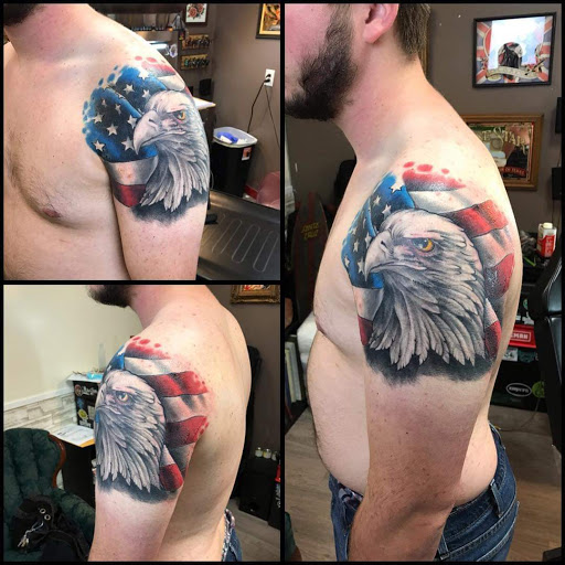 Explore bicep tattoo ideas for guys, creative tattoo ideas in Augusta, available at The Lucky Seven Tattoo Co.