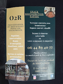Menu / carte de O2R à Velaux