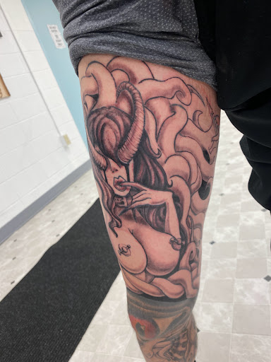 Explore thigh tattoo cover up ideas, creative tattoo ideas in Orland, available at K1LL3R ARTW0RK