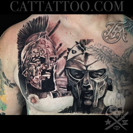 Explore man sleeve tattoo ideas, creative tattoo ideas in Addison, available at Cat Tattoo