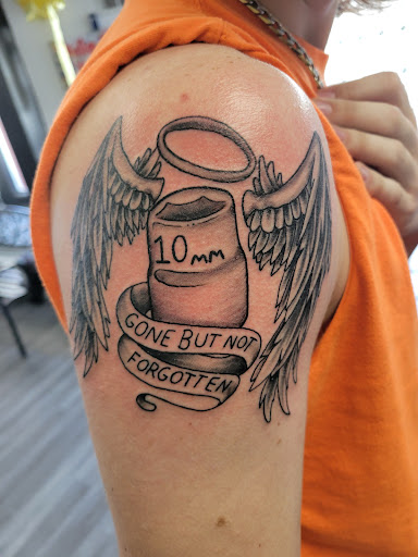 Explore angel forearm tattoo ideas, creative tattoo ideas in Algoma, available at Shipwreck Tattoo