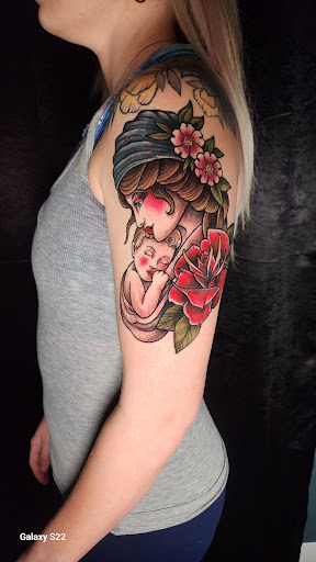 Explore chest to shoulder tattoo ideas, creative tattoo ideas in Buford, available at Inked Arts Tattoo Studio