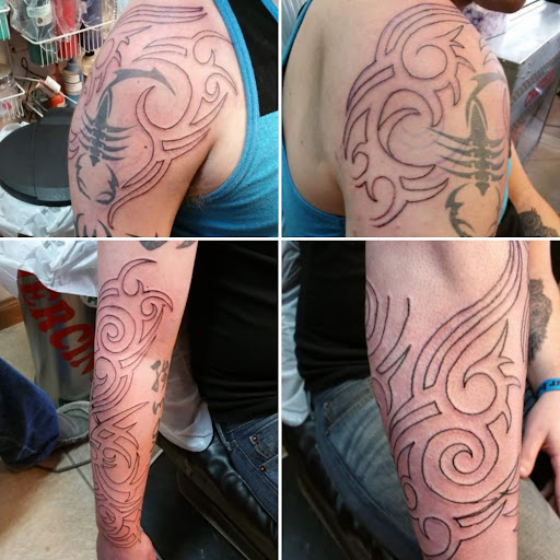 Explore crime scene tattoo ideas, creative tattoo ideas in Elko, available at Tom Custom Tattoos and Body Piercing Studio