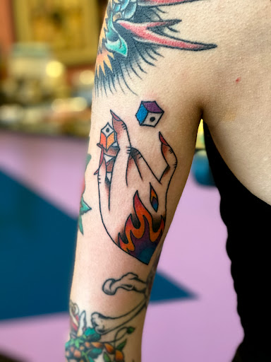 Explore name cover up tattoo ideas for men, creative tattoo ideas in Athens, available at Pink Goblin Tattoo & Piercing