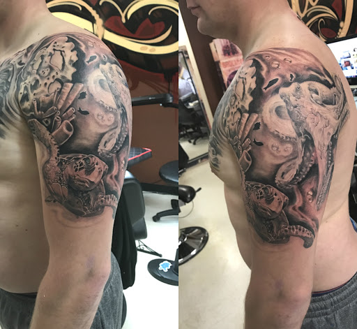 Explore death metal tattoo ideas, creative tattoo ideas in San Diego, available at Wylde Sydes Tattoo & Body Piercing