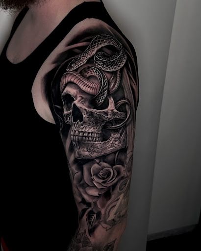 Explore horror tattoo sleeve ideas, creative tattoo ideas in Culver City, available at Alium Tattoo Studio
