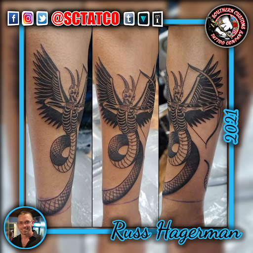 Explore elbow tattoo ideas, creative tattoo ideas in Fayetteville, available at Southern Customs Tattoo Company