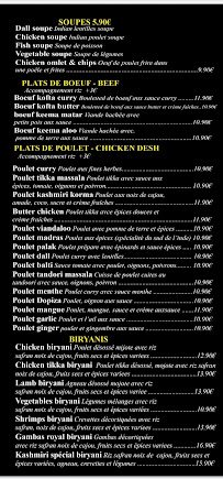 Menu du Jardin de Kashmir à Livry-Gargan