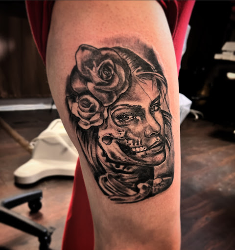 Explore automotive tattoo sleeve ideas, creative tattoo ideas in Medina, available at Greasers Ink