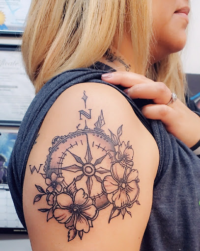 Explore stitch and angel tattoo ideas, creative tattoo ideas in Alamosa, available at The Shop Tattoo & Comics