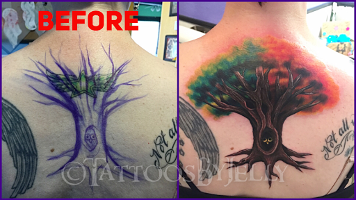 Explore black cover up tattoo ideas, creative tattoo ideas in San Angelo, available at Jellys Surly Skull, LLC
