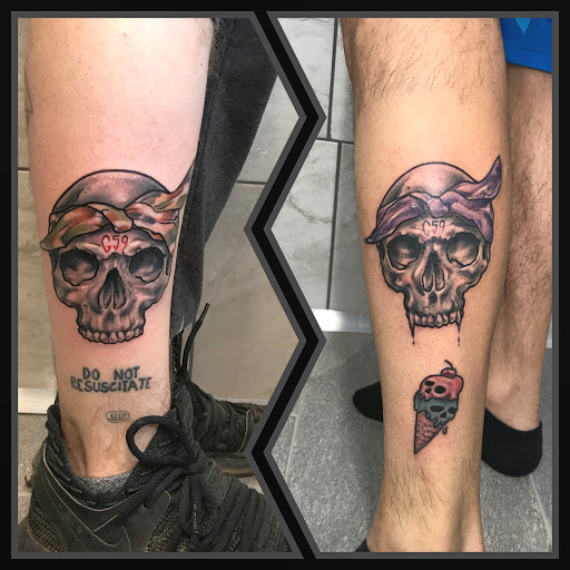 Explore skull and crossbones tattoo ideas, creative tattoo ideas in Luverne, available at Conspiracy Tattoo MN