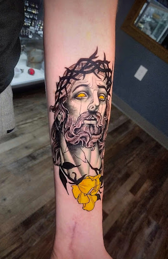 Explore red tattoo ideas, creative tattoo ideas in Oelwein, available at Purple Thistle Tattoo