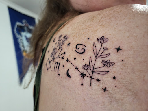 Explore women's leg sleeve tattoo ideas, creative tattoo ideas in Peoria, available at Big Top Tat2