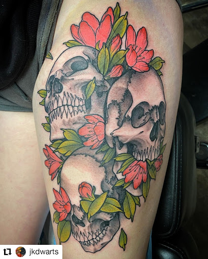 Explore halloween tattoo sleeve ideas, creative tattoo ideas in Rochester, available at Sacred Heart Studios