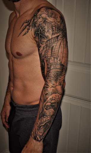 Explore american flag sleeve tattoo ideas, creative tattoo ideas in Roanoke, available at Saint Cecilias Art Studio