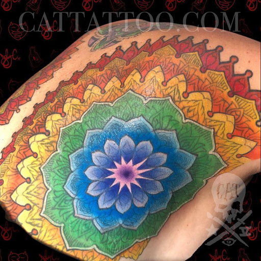 Explore upper sleeve tattoo ideas, creative tattoo ideas in Addison, available at Cat Tattoo