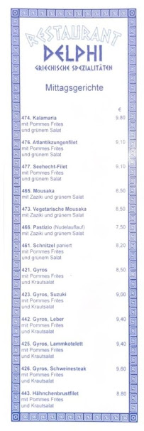 Restaurant Delphi à Senden menu