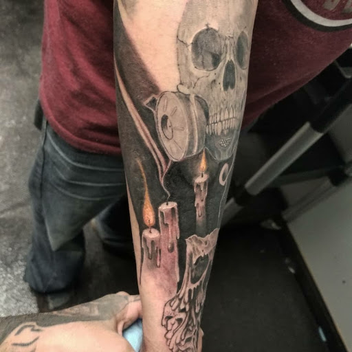 Explore harley davidson sleeve tattoo ideas, creative tattoo ideas in Kenosha, available at Kenosha Tattoo Company