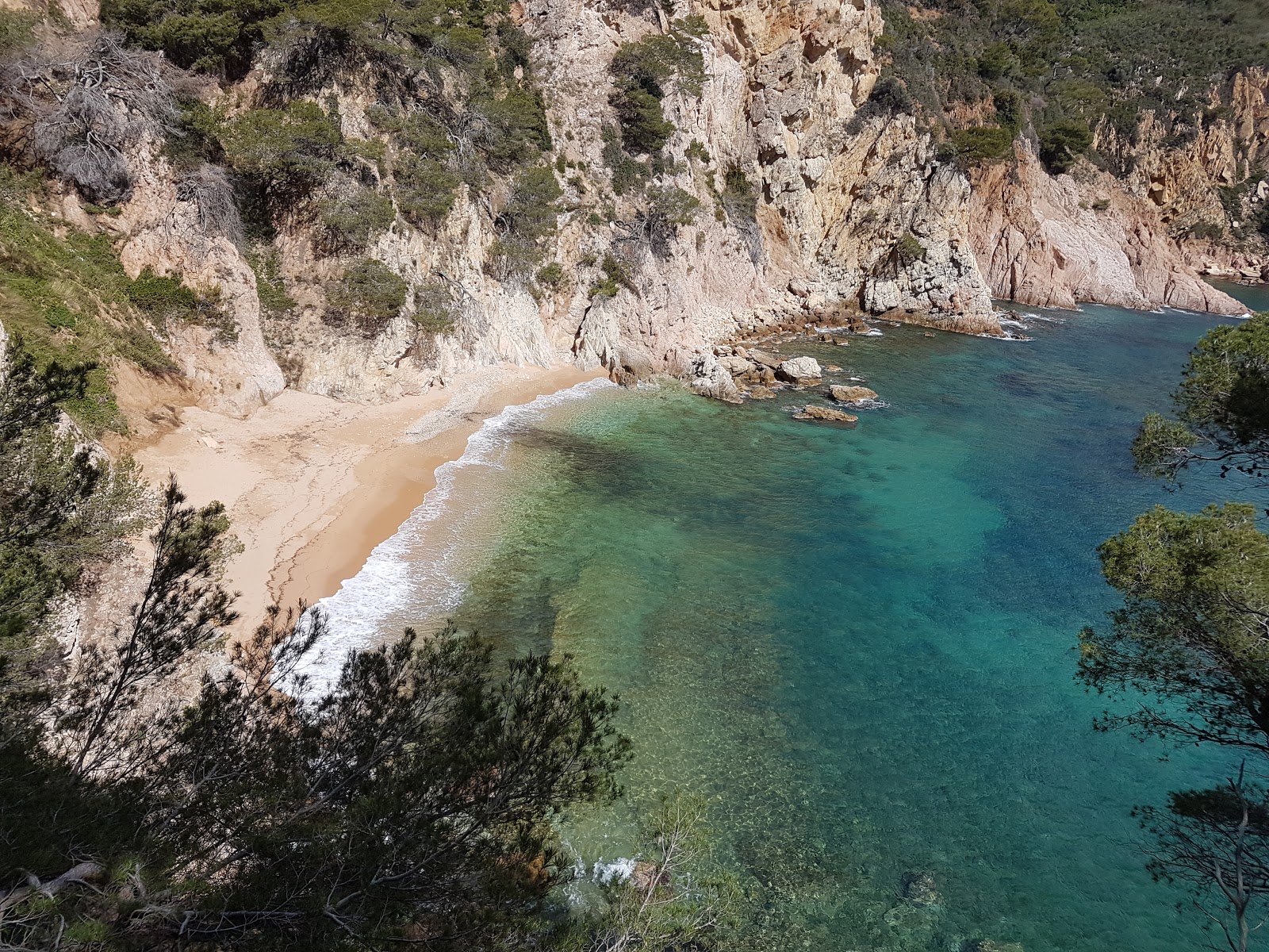 Foto di Cala Futadera con una superficie del sabbia di conchiglie beige