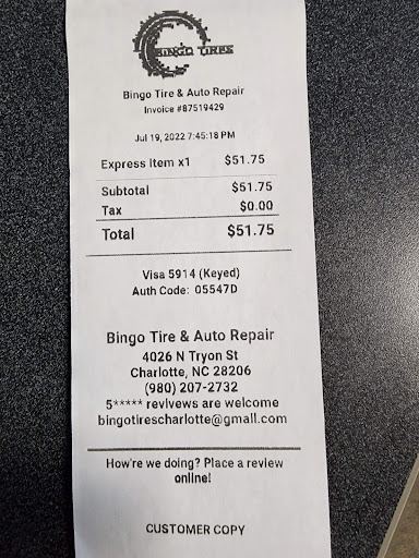 Tire Shop «Bingo Tires & Auto Repair», reviews and photos, 4026 N Tryon St, Charlotte, NC 28206, USA