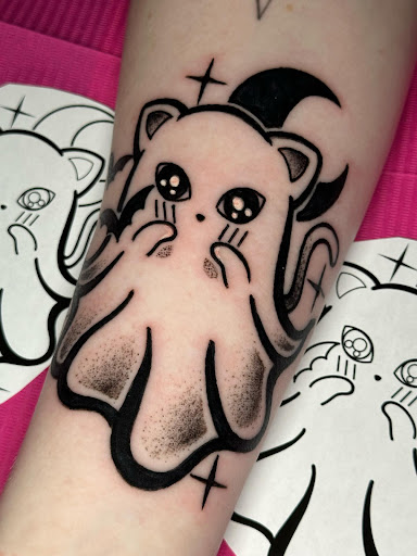 Explore haunted house tattoo ideas, creative tattoo ideas in Greensboro, available at Mew Tattoo