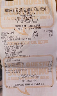 Menu du Burger King à Rome