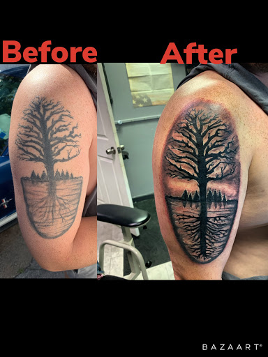 Explore geometric sleeve tattoo ideas, creative tattoo ideas in Hudson Falls, available at ALTERED ADDICTION TATTOOS