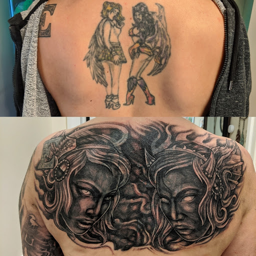 Explore tattoo cover up ideas for dark tattoos, creative tattoo ideas in Newburgh, available at Spiritual Ink Tattoo