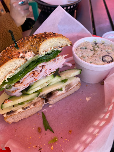 Peppered Turkey, Swiss cheese, veggies, veggie cream cheese, and horseradish 