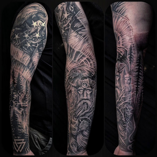 Explore arm sleeve tattoo ideas for guys, creative tattoo ideas in Menomonee Falls, available at Cal Tattoo