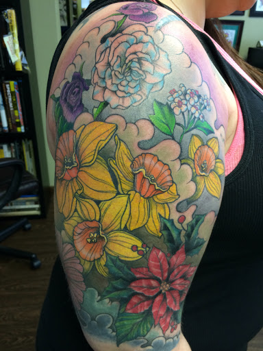 Explore black and white sleeve tattoo ideas, creative tattoo ideas in New Kensington, available at BLUE HERMIT TATTOO