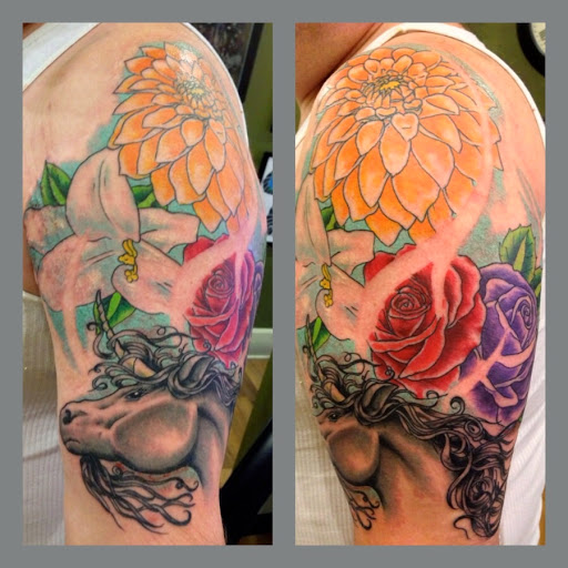 Explore bouquet tattoo ideas, creative tattoo ideas in Ithaca, available at Artistic Point Tattoo Company