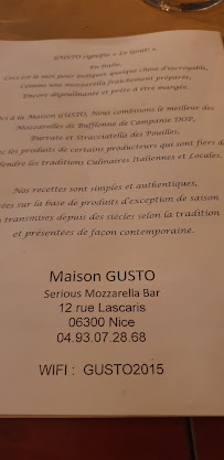 Menu / carte de Maison Gusto à Nice