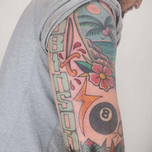 Explore mens leg sleeve tattoo ideas, creative tattoo ideas in Kearney, available at Bread N Butter Tattoo