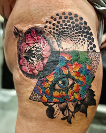 Explore leg flower tattoo ideas, creative tattoo ideas in Harrah, available at Gypsy Blood Body Art Studio