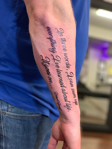 Explore never again tattoo ideas, creative tattoo ideas in Roscoe, available at Elevated Ink Tattoo