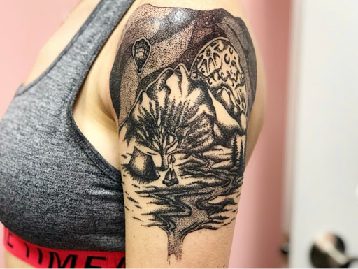 Explore male leg tattoo ideas, creative tattoo ideas in Batavia, available at The Pretty Pin-Up Tattoo Parlor