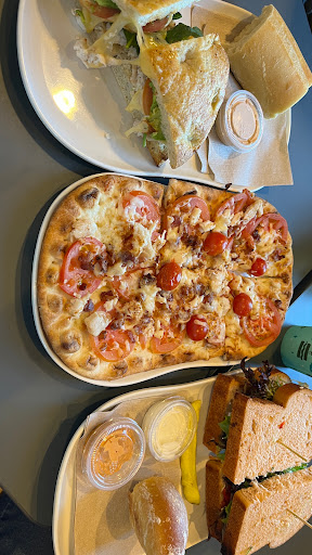 Chicken fontega sandwich, pizza, Mediterranean veggie sandwich. 