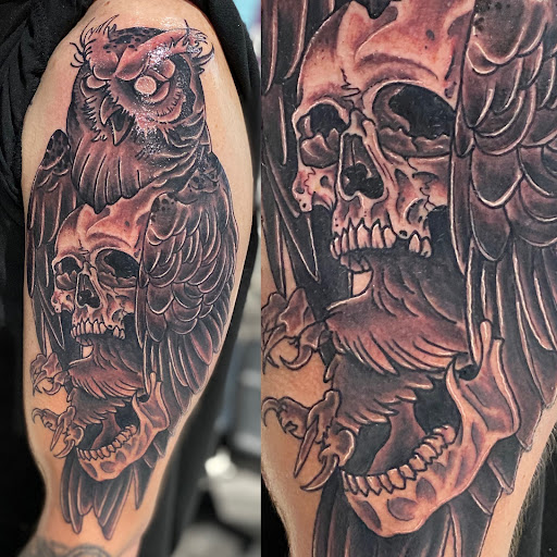 Explore english bulldog tattoo ideas, creative tattoo ideas in Vincennes, available at Silver Owl Tattoo