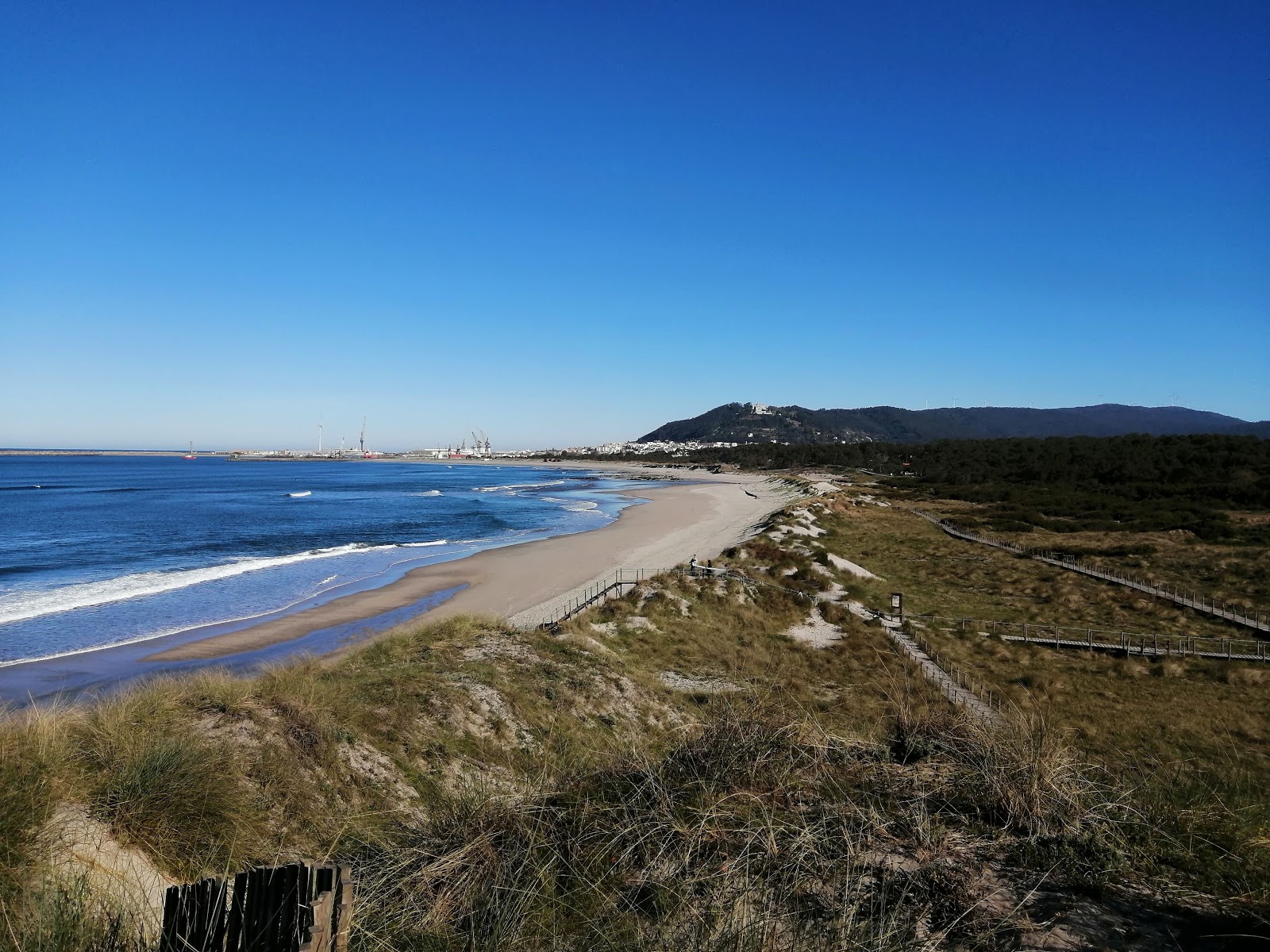 Foto di Praia da Amorosa con una superficie del sabbia beige fine