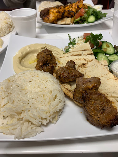 Beef plate with rice, hummus, and salad