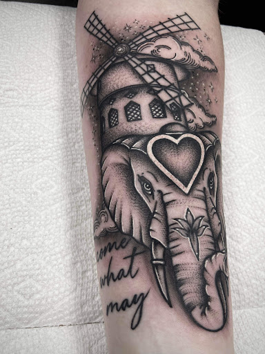Explore patchy tattoo ideas, creative tattoo ideas in Shelbyville, available at Stage Left Tattoo and Piercing