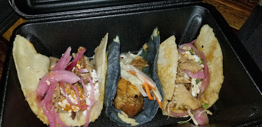 L: Carnitas -REALLY good, but SPICY!!!
Mid: Pork Belly -delicious! 
R: Mole (chicken) -very light/thin sauce.