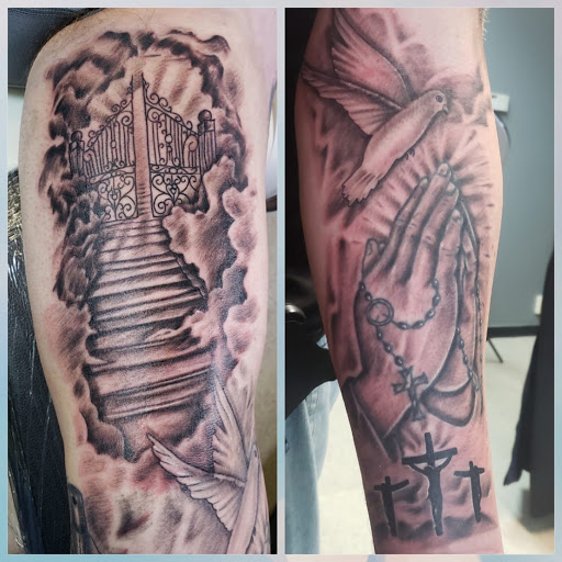 Explore leg tattoos ideas for men, creative tattoo ideas in Leominster, available at Timeless Ink & Piercing Studio